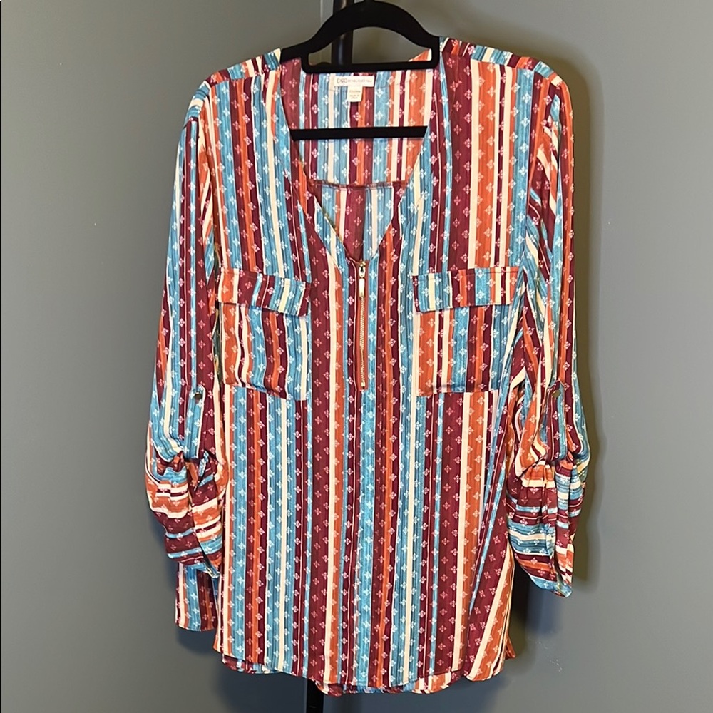 Cato Rust and Blue 3/4 Sleeve Buttoned Blouse